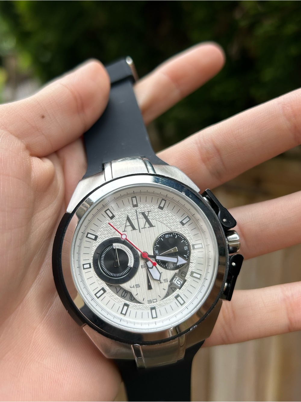Armani Exchange Silver, Black & White Chronograph Watch with Red Accents